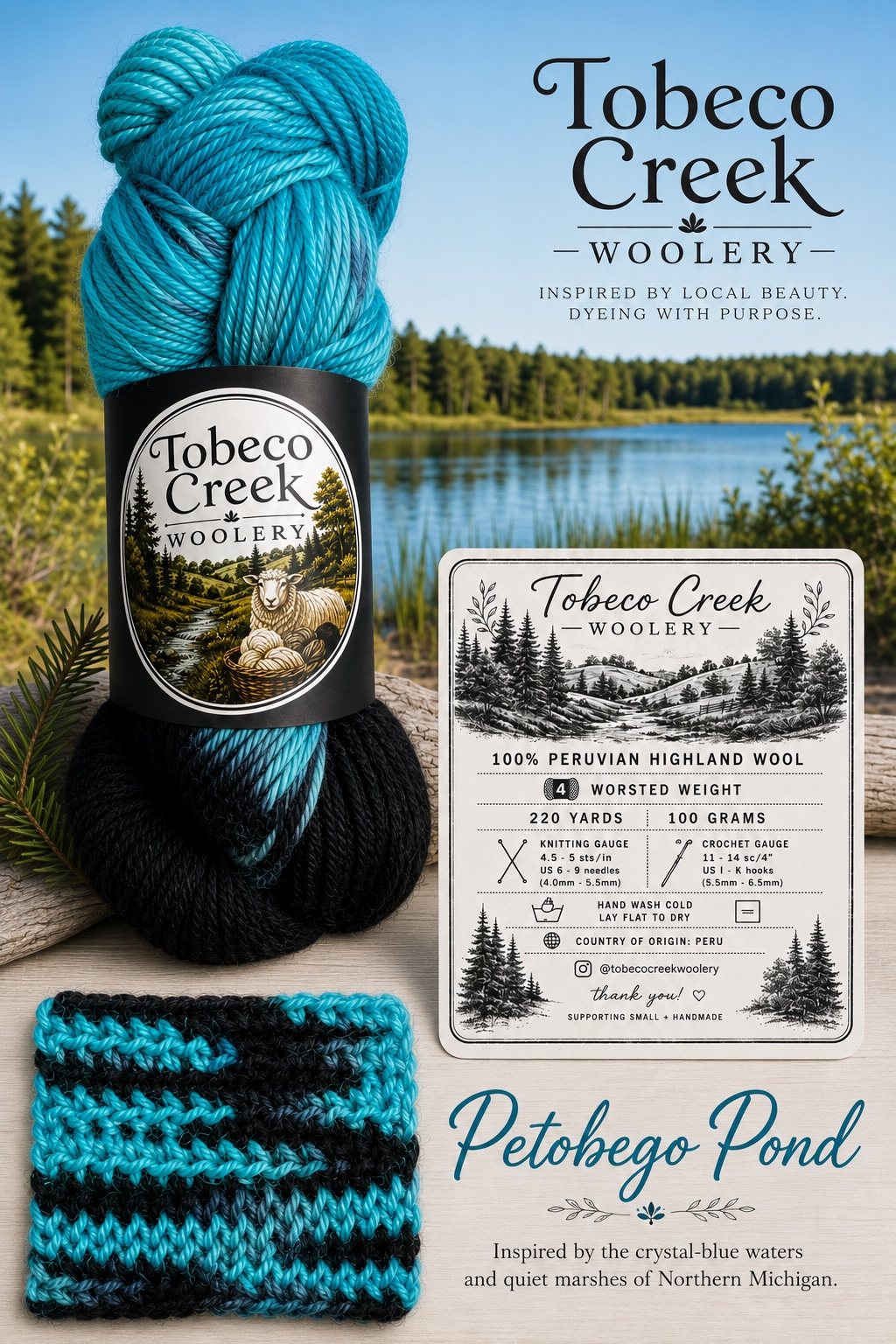 Petobego Pond blue and black hand-dyed yarn colorway with label and swatch
