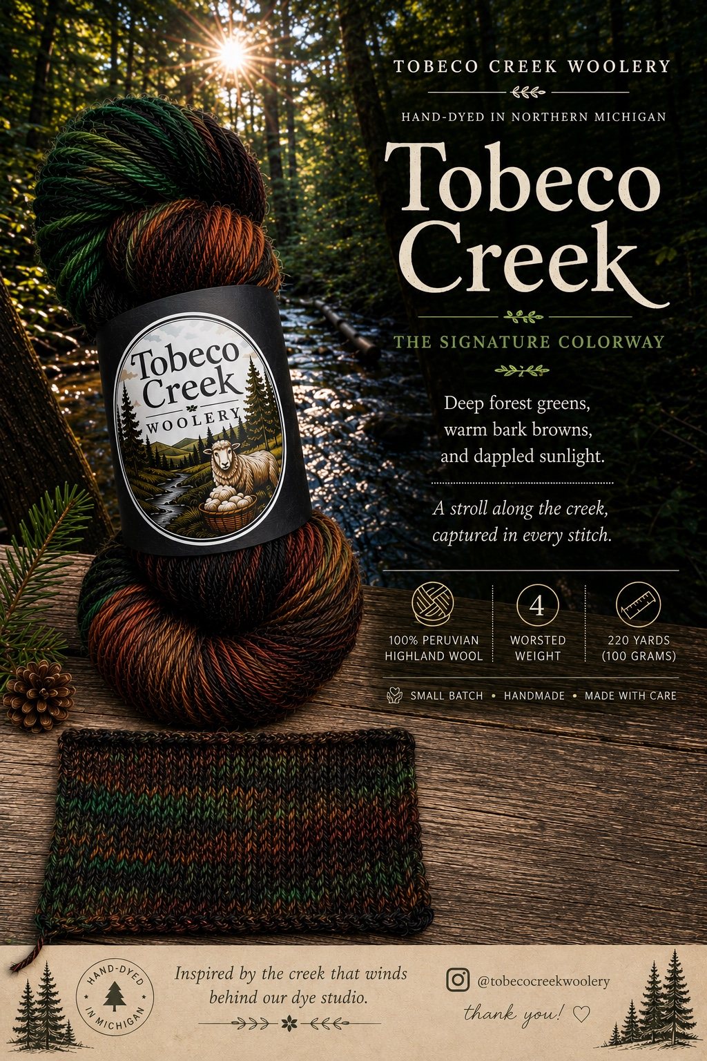 Tobeco Creek signature hand-dyed yarn colorway with swatch