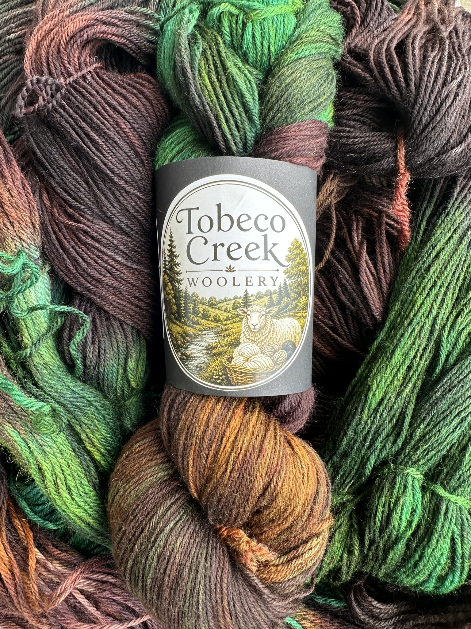 Tobeco Creek yarn skeins grouped together