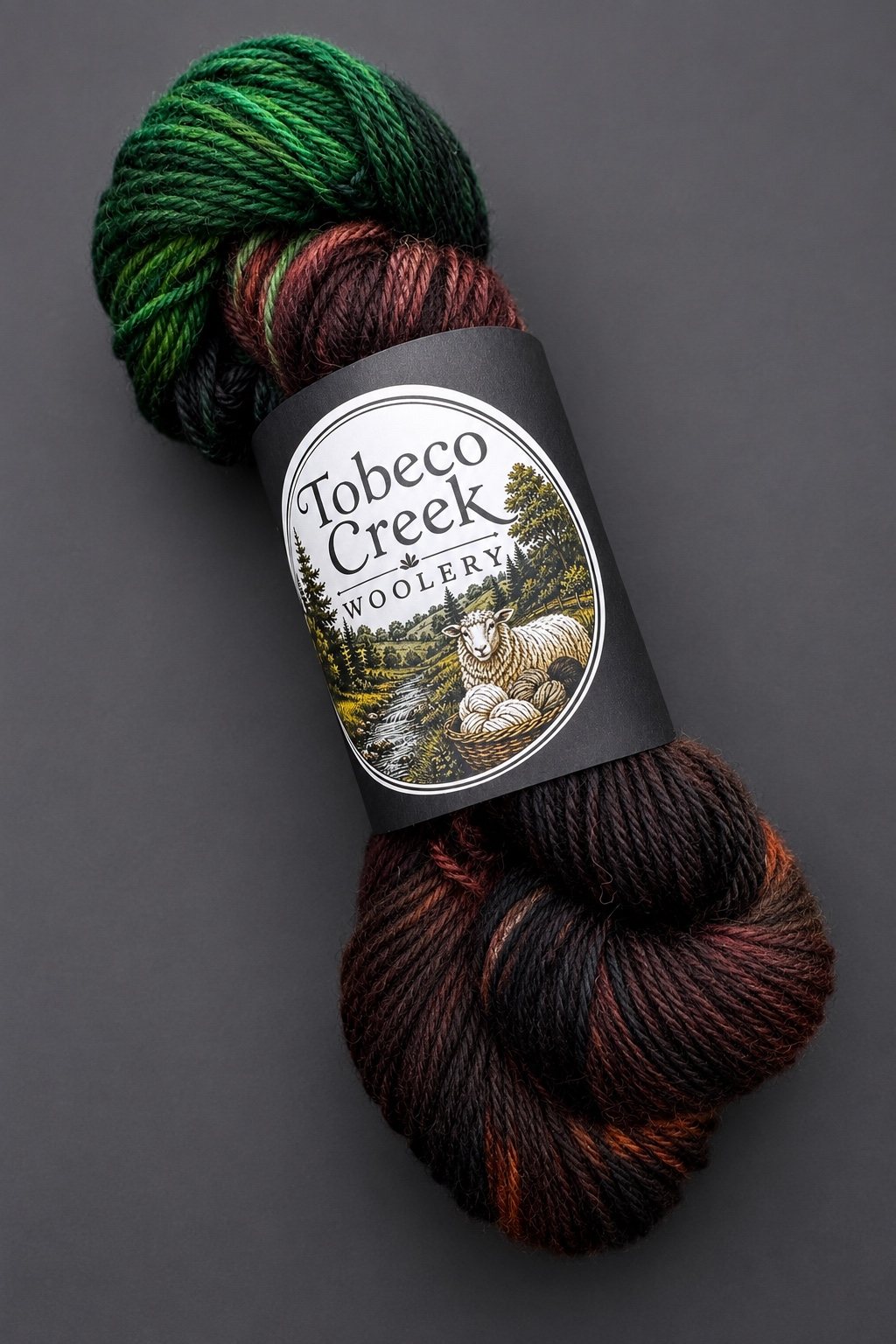Tobeco Creek green brown and black twisted skein